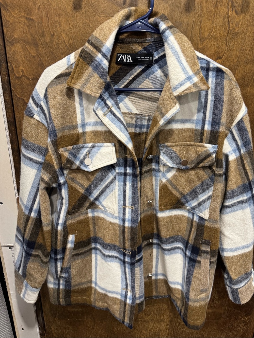 ZARA Brown, Blue & White Plaid Lightweight Shacket